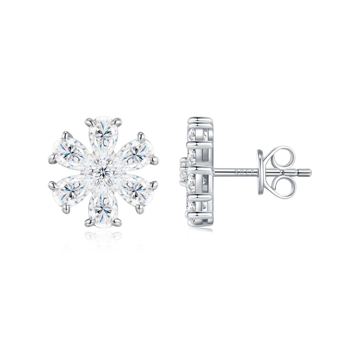 Sterling Silver Snowflake Earrings - Moissanite Flower Design Stud Earrings
