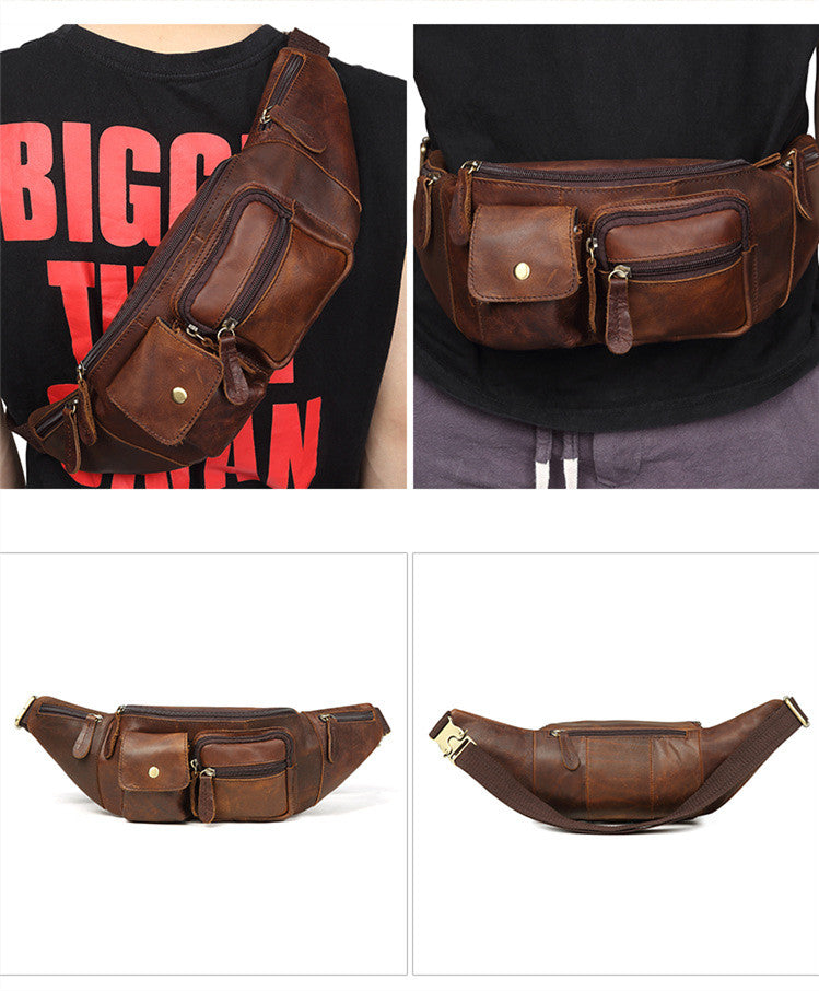 Men's First Layer Cowhide Leather Chest Bag - Retro Crossbody with Multiple Pockets