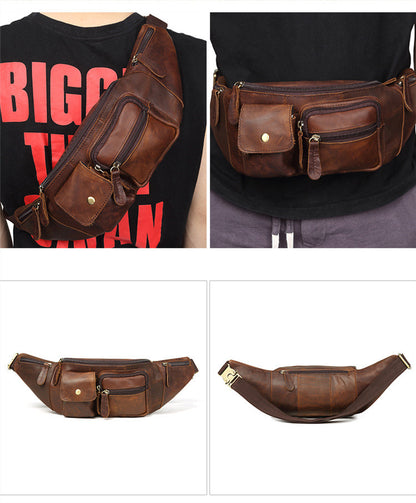 Men's First Layer Cowhide Leather Chest Bag - Retro Crossbody with Multiple Pockets