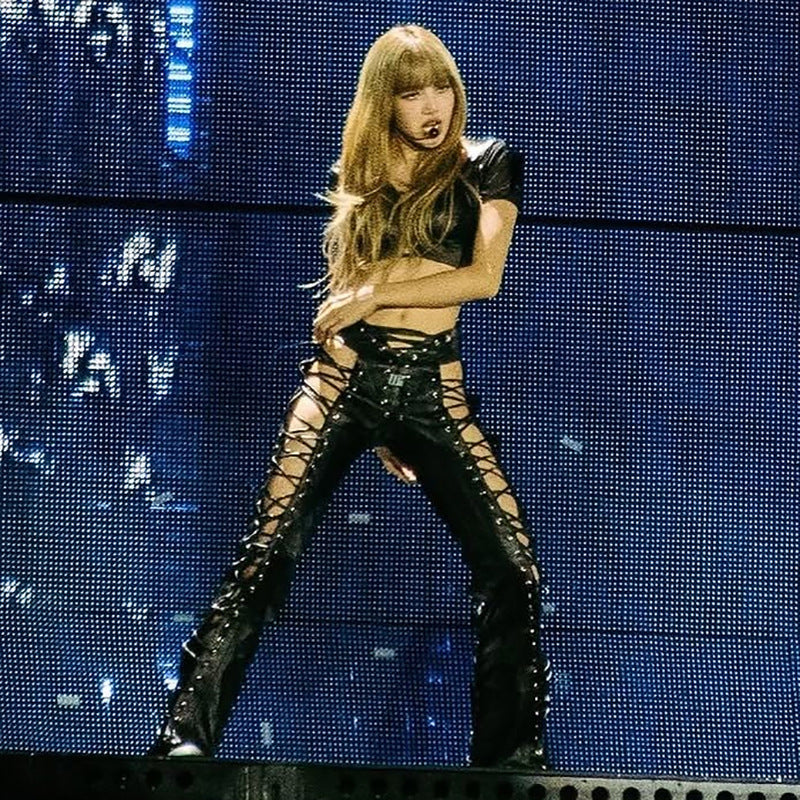 Hollow Lace-Up Bell-Bottom Pants - PU Leather Style Trousers