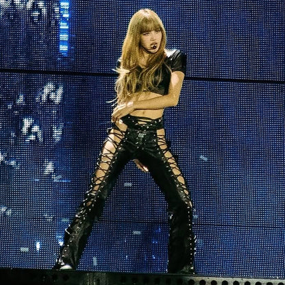 Hollow Lace-Up Bell-Bottom Pants - PU Leather Style Trousers