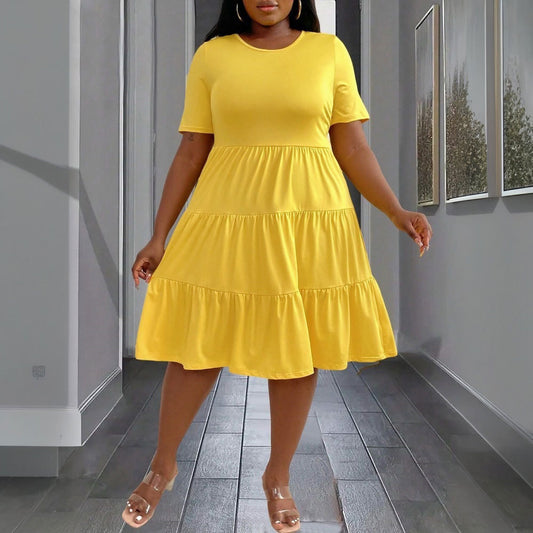 Women's Elegant Yellow Midi Dress - High-Waist Ruffled Spring Summer Dress