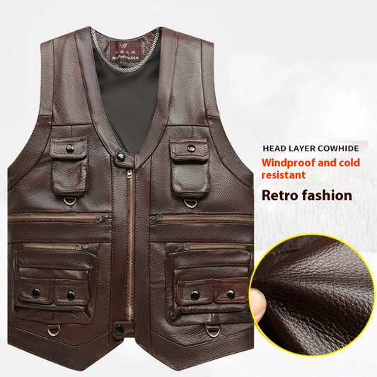 Genuine Leather Vest - Men's First Layer Cowhide Motorcycle Waistcoat