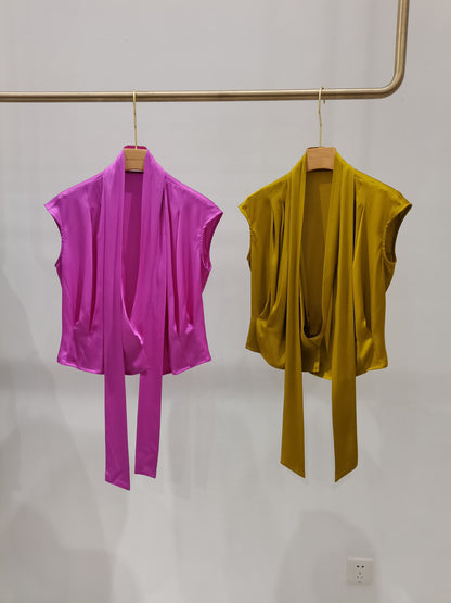 V-Neck Wrap Tie Waist Silk Shirt | Premium Women's Blouse