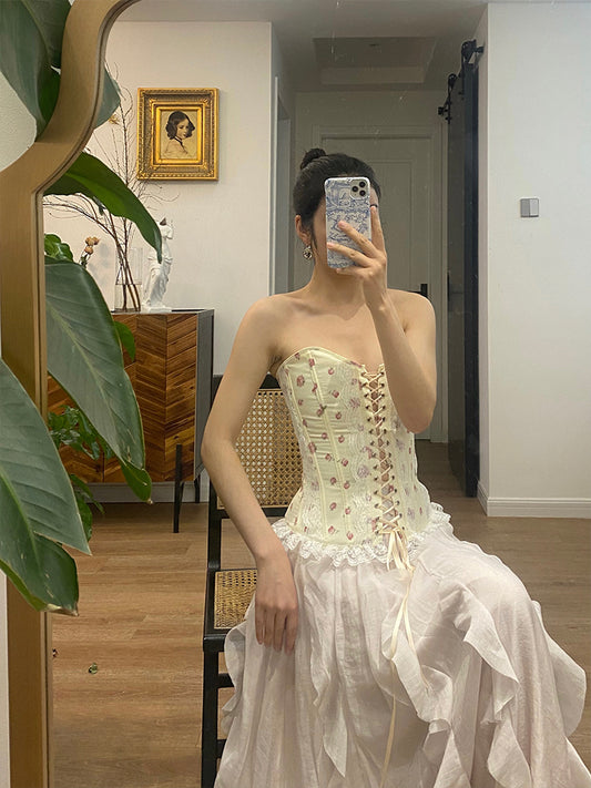 French Vintage Lace Herringbone Tube Top Corset - Cotton Bustier