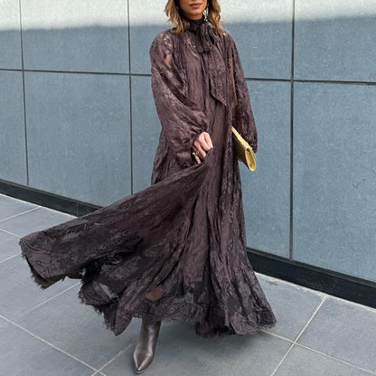 Women's Embroidered Long-Sleeve Loose Ruffle Maxi Dress — Apricot & Dark Coffee