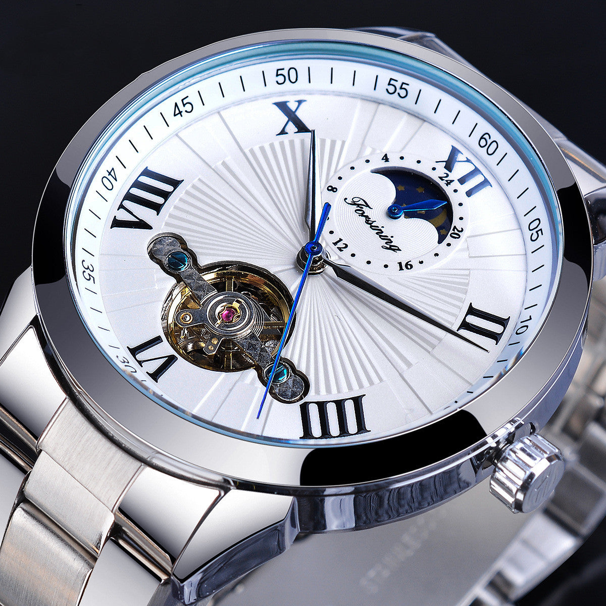 Men's Automatic Mechanical Watch - Moon Phase, 30M Water Resistant, 43mm Stainless Steel