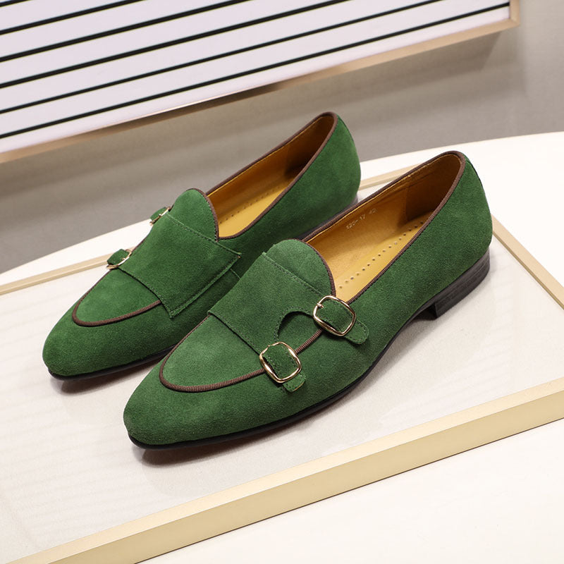 Women's Frosted Cowhide Suede High-End Dress Shoes - Double Monk Strap for Weddings & Formal Events