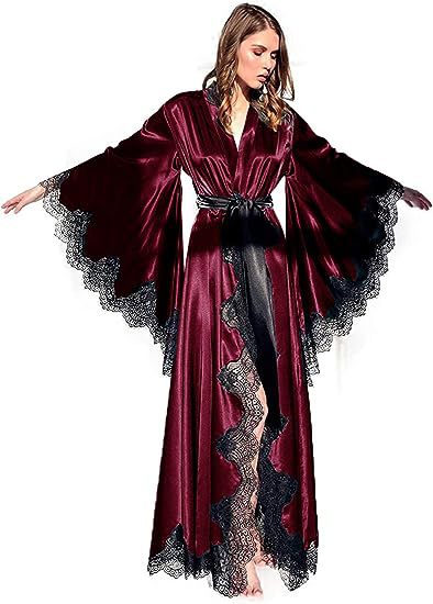 Women's Long Satin Bridal Robe with Lace Trim - V-Neck Wrap Sleepwear