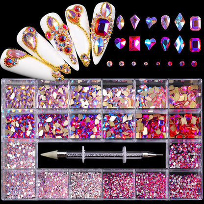21-Grid Nail Rhinestone Decoration Set - Flat Glass Acrylic Nail Art Jewelry