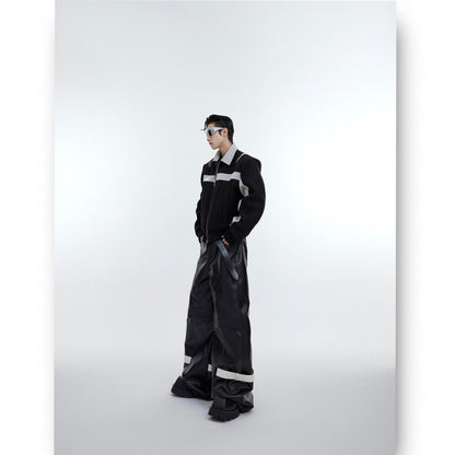 Color Block PU Leather & Wool Composite Jacket - Contemporary Style