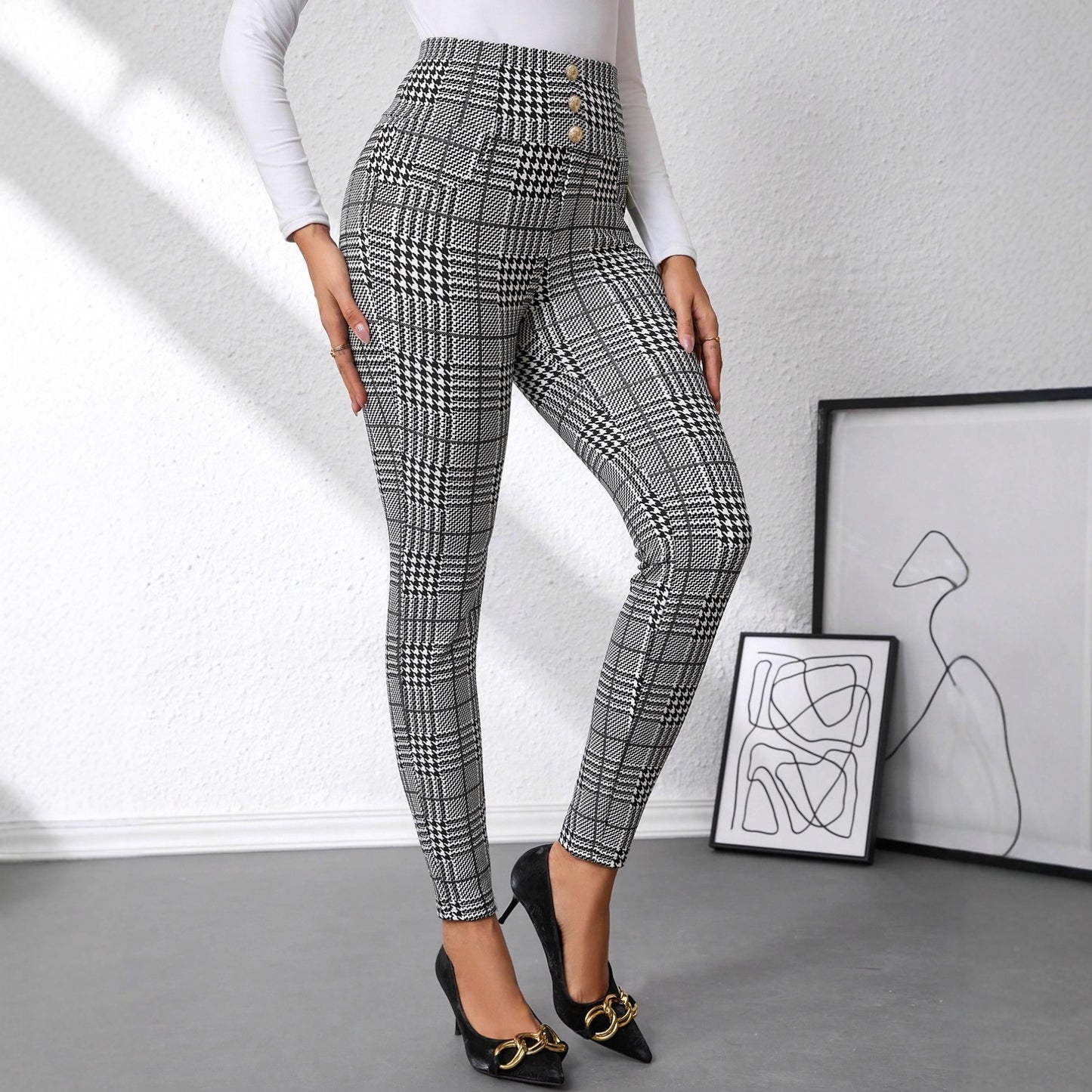 Women's Check Print Button Embellished High Waist Slim Fit Knit Pants