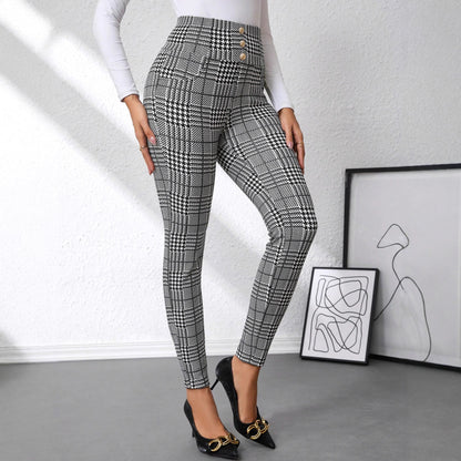 Women's Check Print Button Embellished High Waist Slim Fit Knit Pants