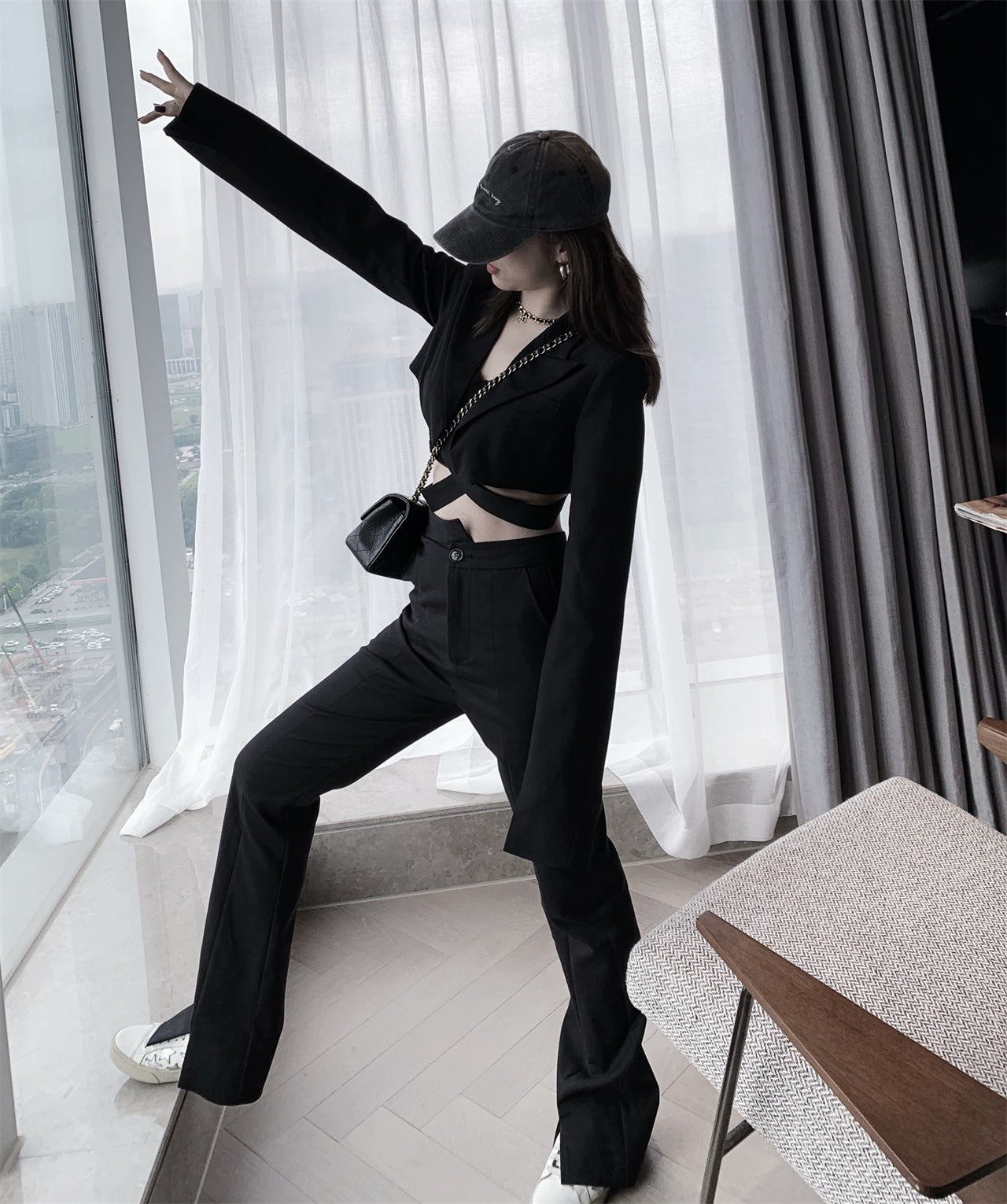 Women's High-Rise Cropped Trousers - Polyester Blend Pants