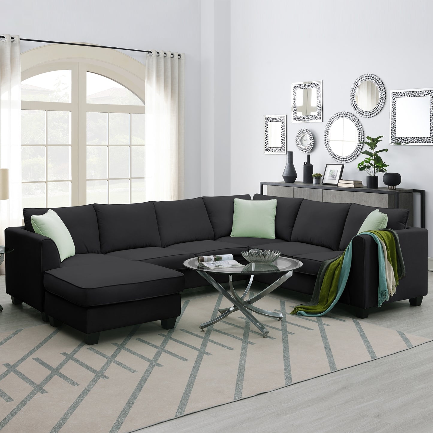 7-Seat Modular L-Shaped Sectional Sofa Set with Ottoman - 112" x 87" Black Polyester Fabric