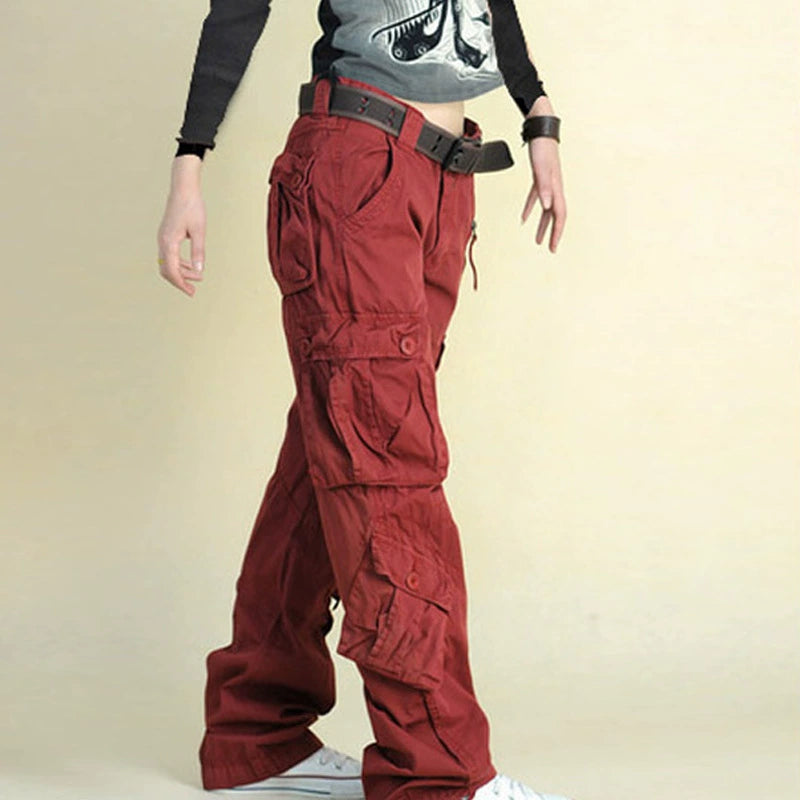 Women's Cotton Blend Cargo Pants - Loose Fit Wide Leg Trousers