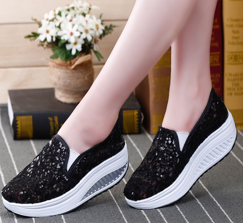 Women's Sequin Mesh Breathable Sneakers | Rocker Sole | Sizes 35–40 | Rose Red, Pink, Black, White