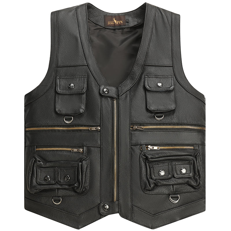 Genuine Leather Vest - Men's First Layer Cowhide Motorcycle Waistcoat