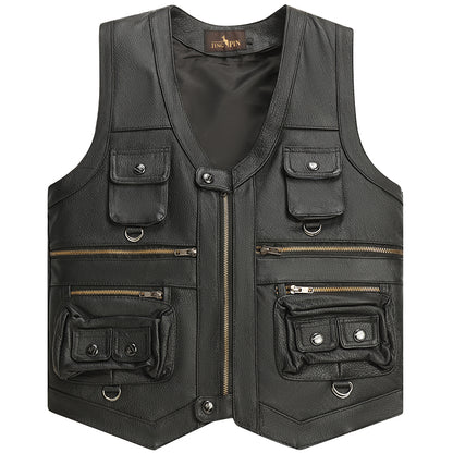 Genuine Leather Vest - Men's First Layer Cowhide Motorcycle Waistcoat