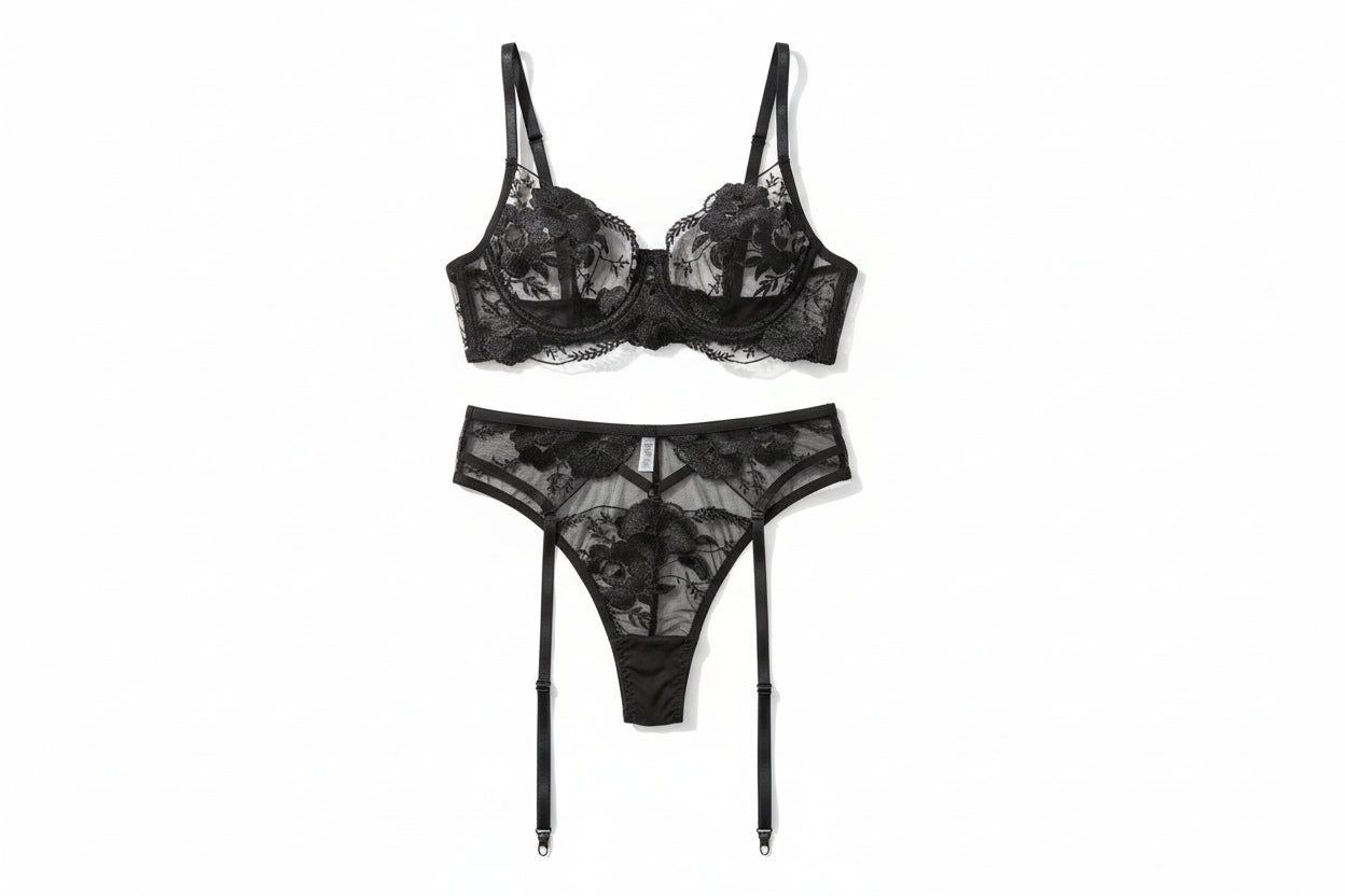 Embroidered Lingerie Set - Three-Piece Underwire Bra Collection