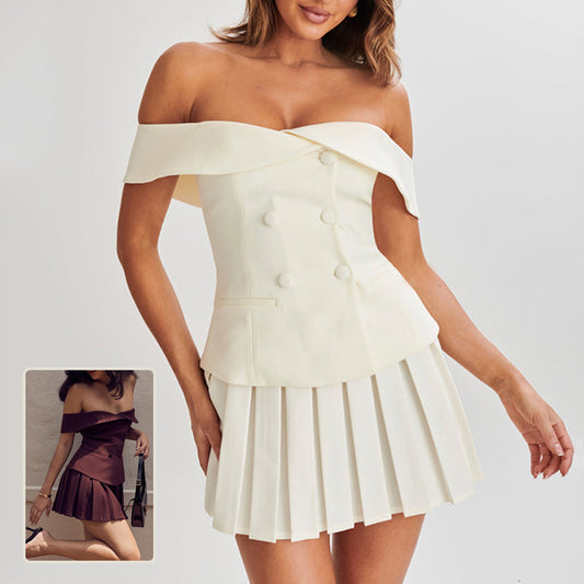 Women's Elegant Double-Breasted Off-Shoulder Top and Pleated Short Skirt Two-Piece Set