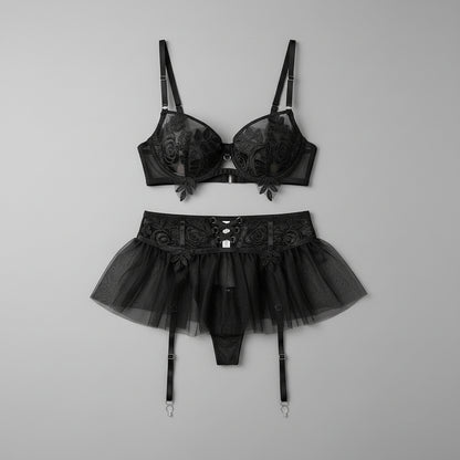 Women's Embroidered Mesh Lingerie Four-Piece Set - Delicate Pleated Design