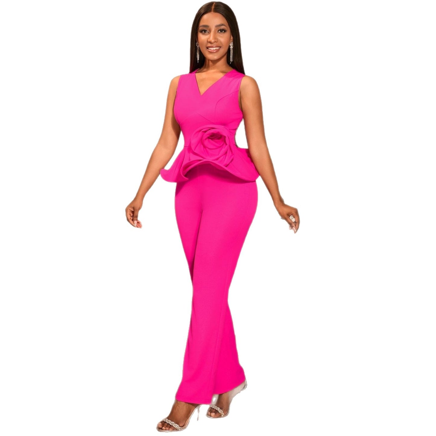 Women's 3D Floral V-Neck Sleeveless Top & High-Waist Straight-Leg Pants Set