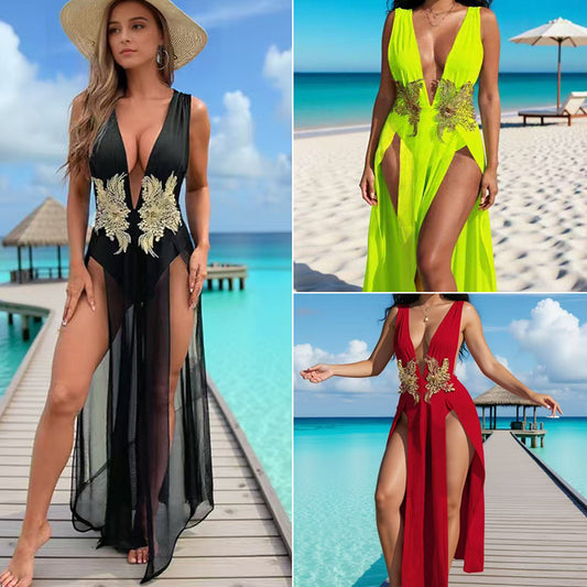 Women's Deep-V High-Slit Beach Vacation Dress - Maxi Summer Slip Dress