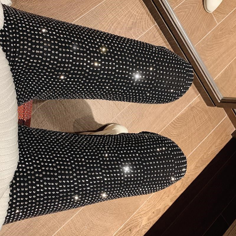 Women's Rhinestone Embellished Slim Leggings - Sparkling Diamond Detail Pants