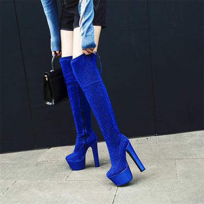 Women's Thigh High Sequined Platform Boots - Bling High Heel Long Boots