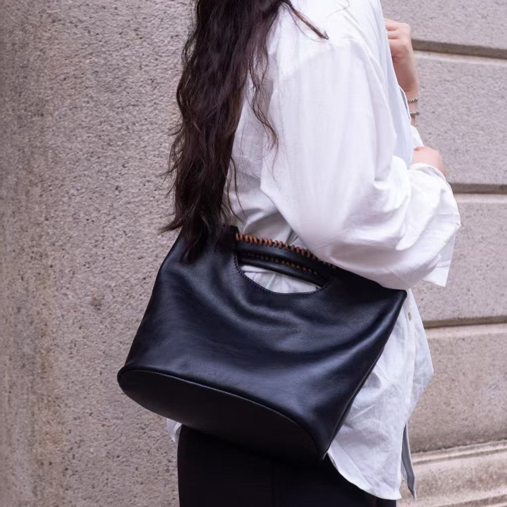 Top Grain Leather Handbag - Women's Crossbody Bag with Artistic Chinese Patchwork