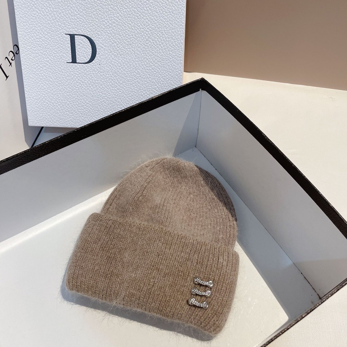 Women's Rabbit Fur Knitted Hat with Buckle - Winter Dome Crown Beanie