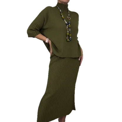 Women's Solid-Color Elegant High-Neck Knitted Sweater and Skirt Two-Piece Set - Intellectual Style