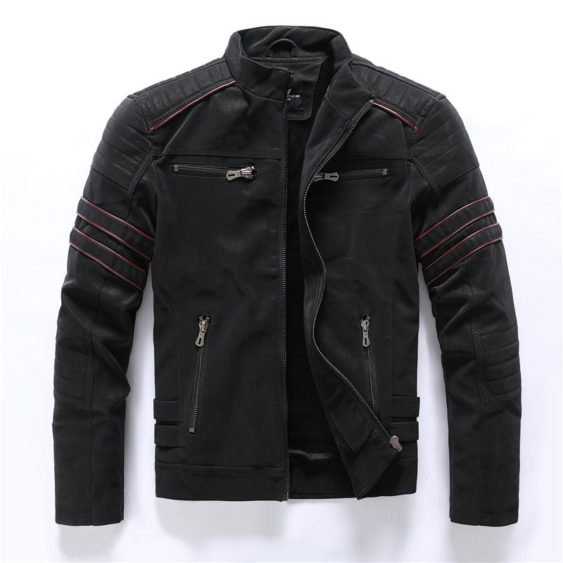 Men's Vintage PU Leather Jacket - Stand Collar Fleece Lined