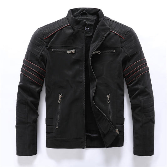 Men's Vintage PU Leather Jacket - Stand Collar Fleece Lined
