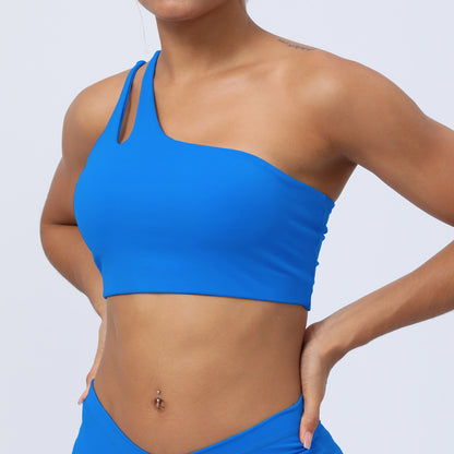Women's Sports Bra - Slant Shoulder Strap Workout Top with Hollow-Out Design