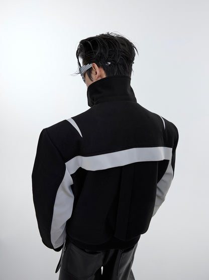 Color Block PU Leather & Wool Composite Jacket - Contemporary Style