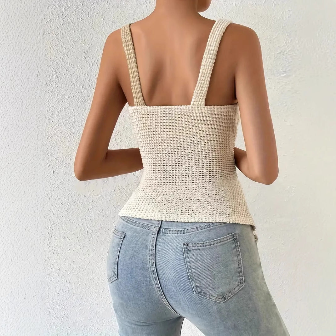 Women's Plunging Neckline Sleeveless Top - Regular Fit Casual Blouse with Shoulder Straps