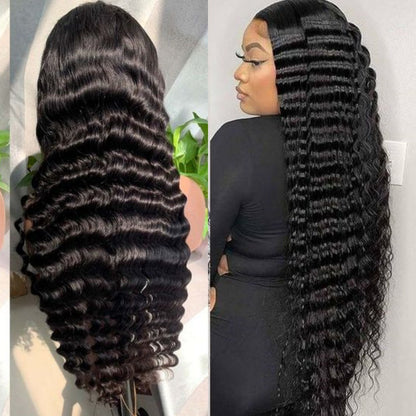 Real Human Hair Wig 13x4 Lace Deep Rolled Wavy - Natural Hair Mechanical Hand Weaving