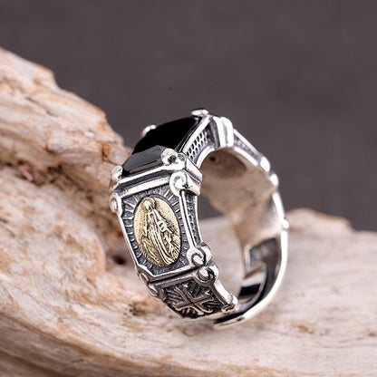 Men's S925 Silver Black Onyx Virgin Mary Ring - Adjustable Geometric Inlay Ring