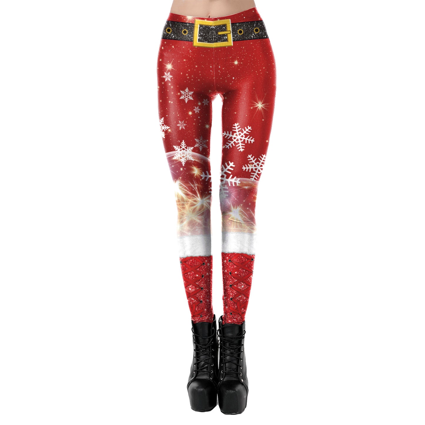 Women's Festive Print Stretch Leggings - Glossy Polyester Fitted Pants