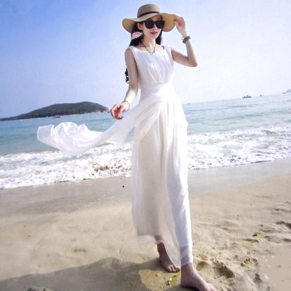 Premium Slim Fitting White Silk Long Dress - Elegant Maxi Gown