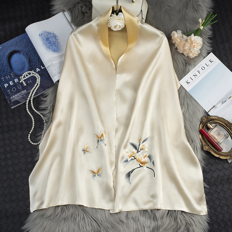 Women's Embroidered Silk Cheongsam Shawl - Hand-Embroidered Double-Layer 100% Pure Silk Scarf