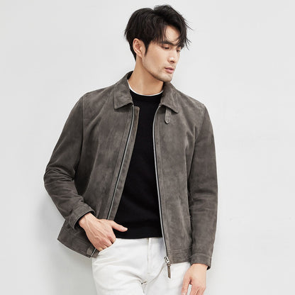 Genuine Sheepskin Suede Leather Jacket - Men's Lambskin Lapel Biker Jacket