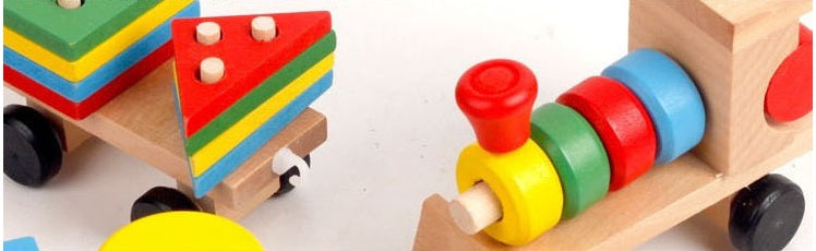 Wooden Train Toy Set with Shape Blocks - Educational Puzzle for Kids