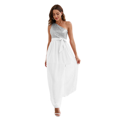 Sequin One-Shoulder Chiffon Maxi Dress - High Waist Split Hem Evening Gown