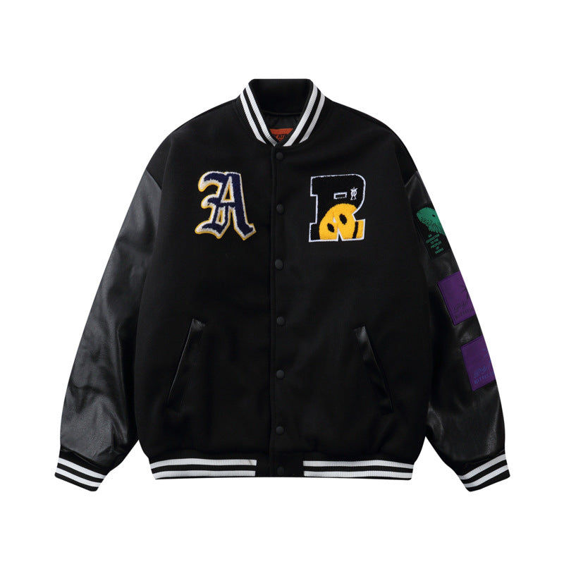 Streetwear Jacket with Smiley Face Flocking Embroidery - Contrast Color Stitching