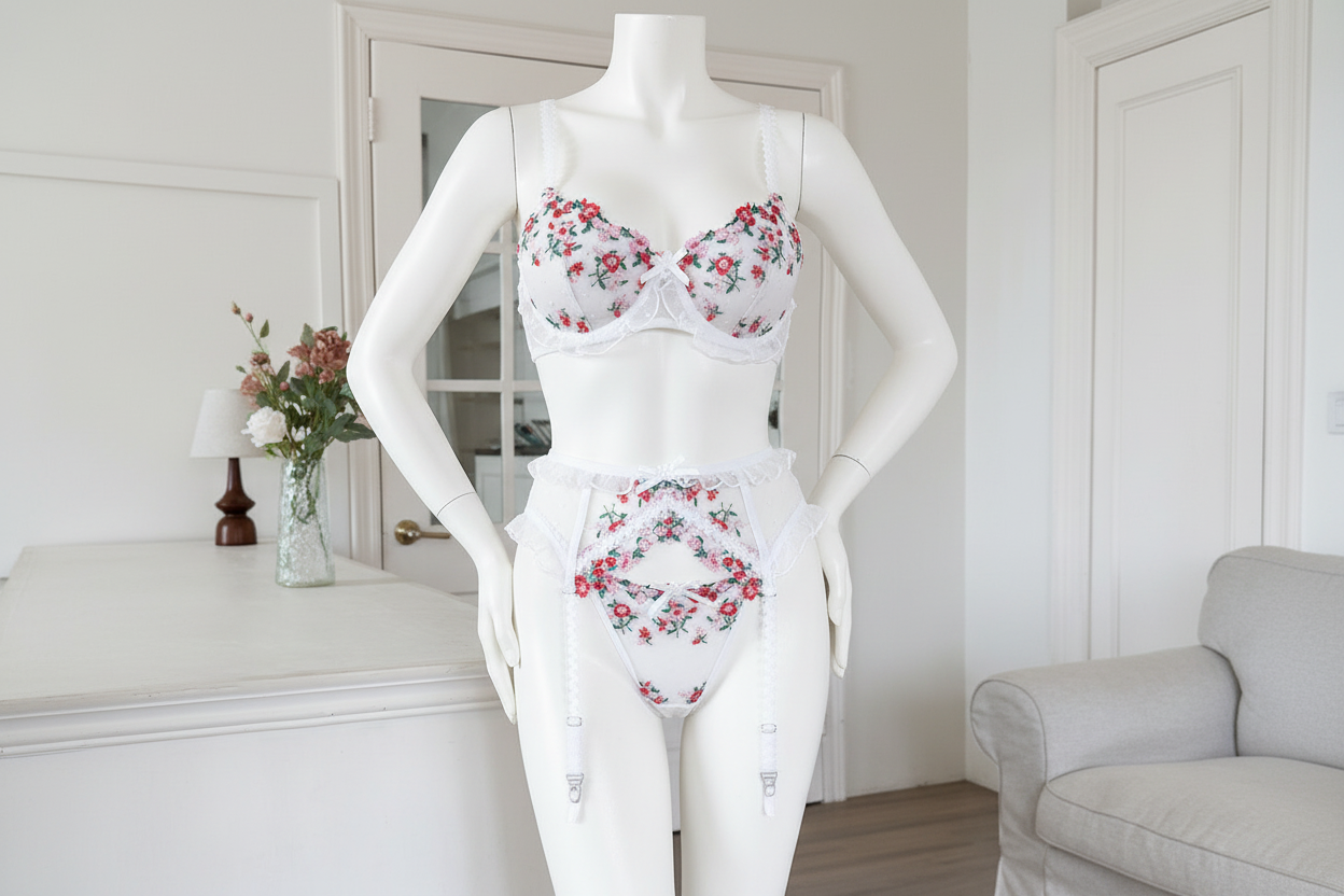Women's Floral Embroidery Lace Lingerie Set - Four-Piece Pleated Design