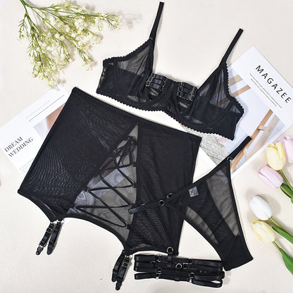 Women's Strappy Mesh Lingerie Set - Four-Piece Intimate Apparel Collection