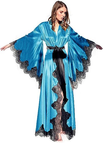Women's Long Satin Bridal Robe with Lace Trim - V-Neck Wrap Sleepwear